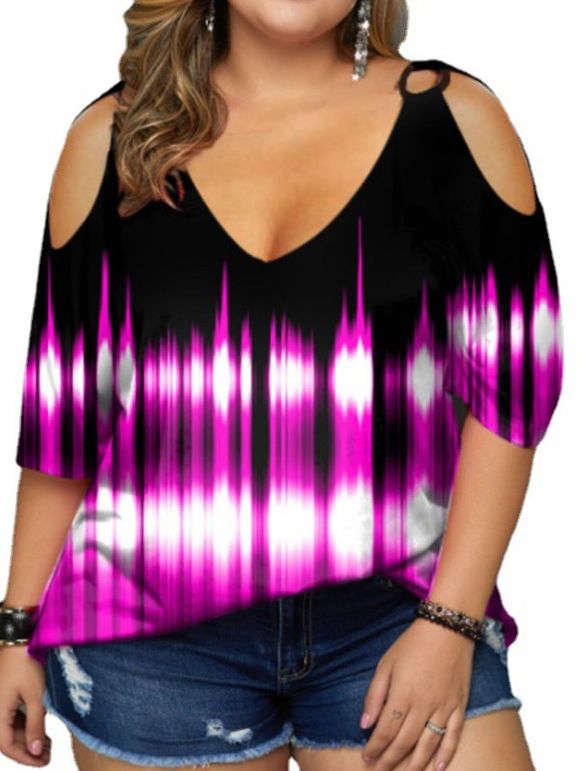 Plus Size T Shirt Printed T Shirt Cold Shoulder Plunging Neck O Ring Casual Tee - RED 5XL