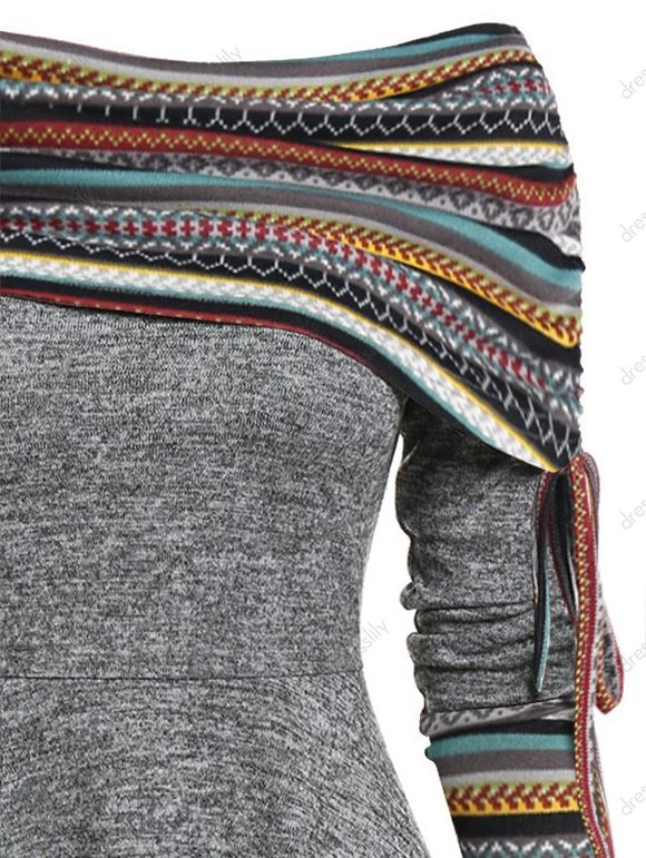 Robe Evasée Rayée Plissée à Col Convertible en Ligne A - Gris Foncé S