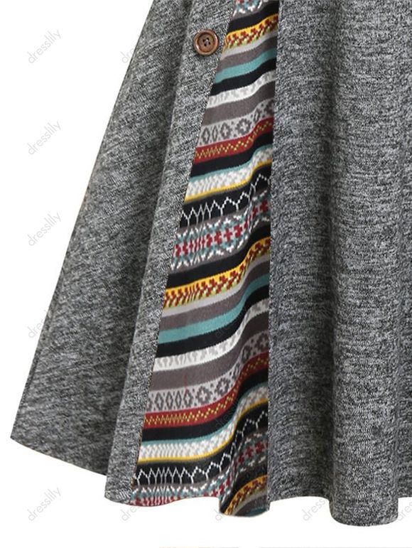 Robe Evasée Rayée Plissée à Col Convertible en Ligne A - Gris Foncé S