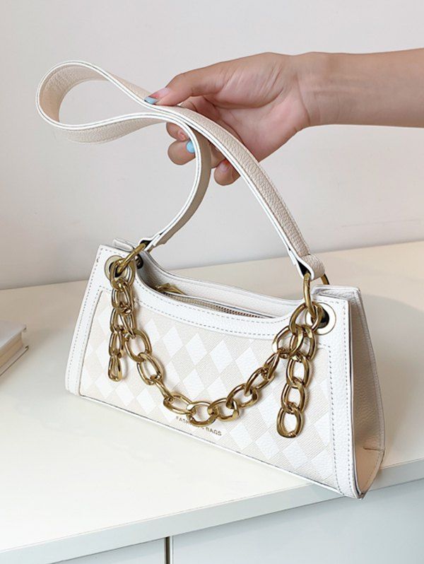 Rhombus Print Zipper Chain Shoulder Bag - WARM WHITE 