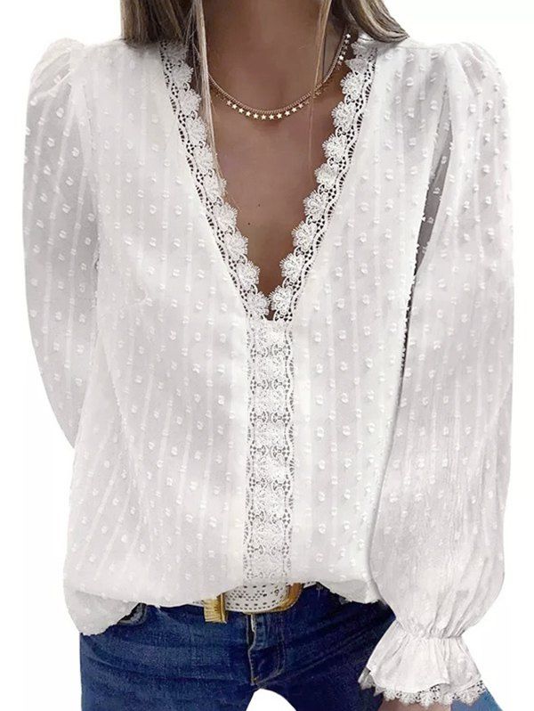 Swiss Dot Blouse Solid Color Striped Print Lace Panel Poet Sleeve Plunging Neck Blouse - WHITE XXXL