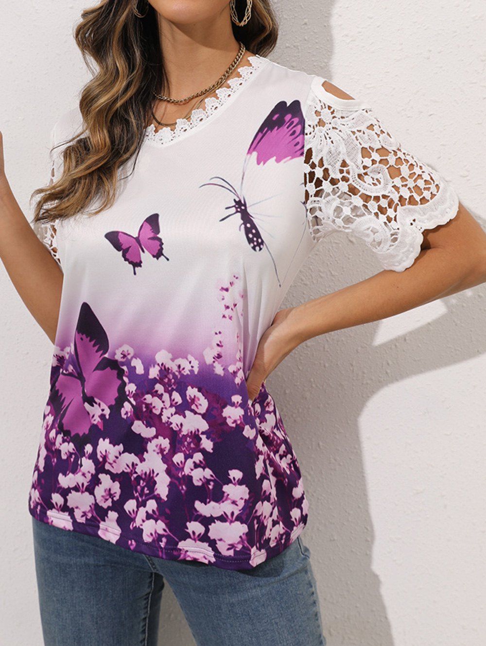 Butterfly Flower Print T Shirt Ombre T Shirt Lace Panel Cut Out Scalloped V Neck Tee - CONCORD 3XL