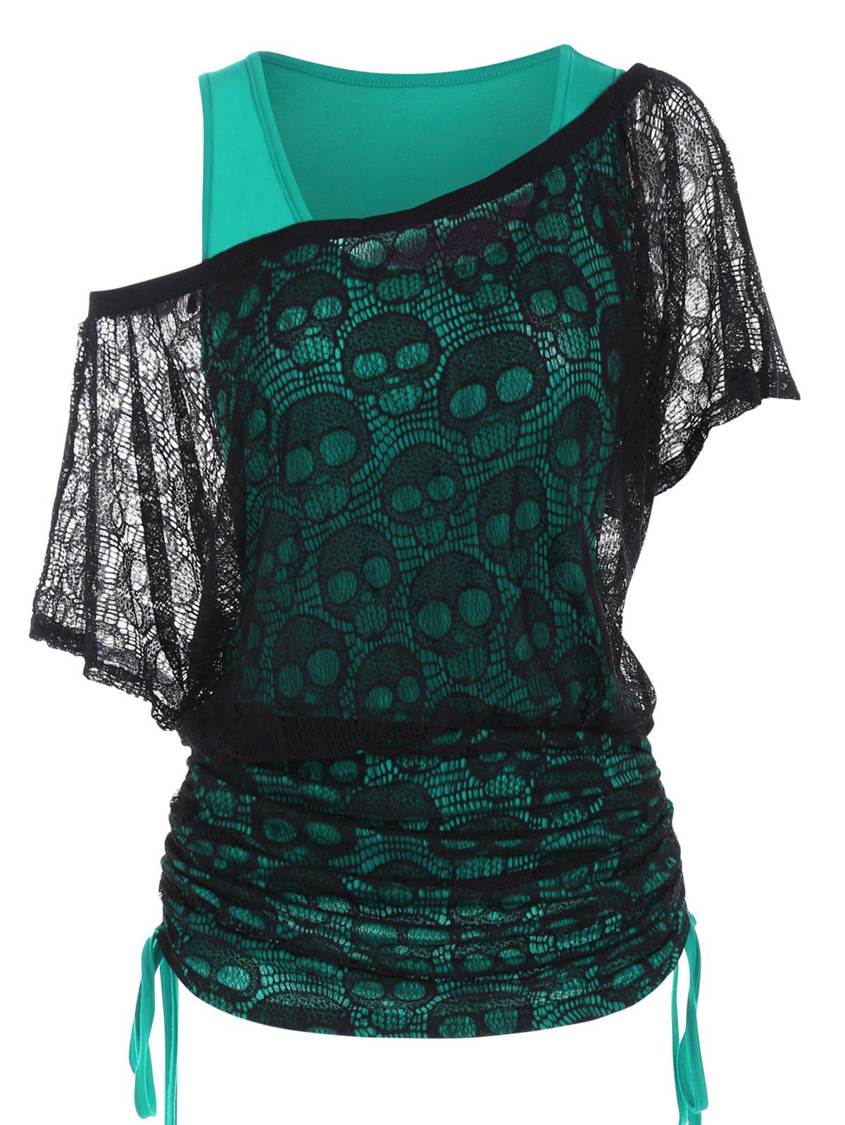 Gothic T Shirt Colorblock Faux Twinset T Shirt Cinched Skull Lace Skew Neck Longline Tee - LIGHT GREEN XXXL