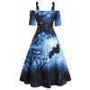 Robe D'Halloween Mi-Longue à Epaule Dénudée à Imprimé Lune et Chauve-souris à Taille Haute - Bleu profond S