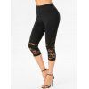 Floral Lace Insert Cut Out Tank Top And High Waisted Insert Capri Leggings Casual Outfit - BLACK S