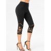 Floral Lace Insert Cut Out Tank Top And High Waisted Insert Capri Leggings Casual Outfit - BLACK S
