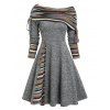 Convertible Neck Cinched Striped Flare A Line Dress - LIGHT GRAY L
