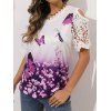 Butterfly Flower Print T Shirt Ombre T Shirt Lace Panel Cut Out Scalloped V Neck Tee - CONCORD 3XL