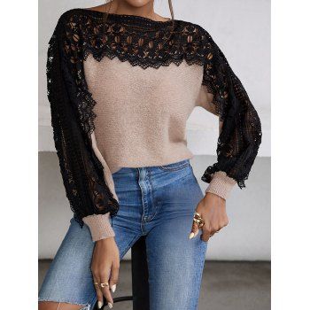 

Contrast Colorblock Sweater Sheer Lace Panel Long Sleeve Casual Sweater, Coffee