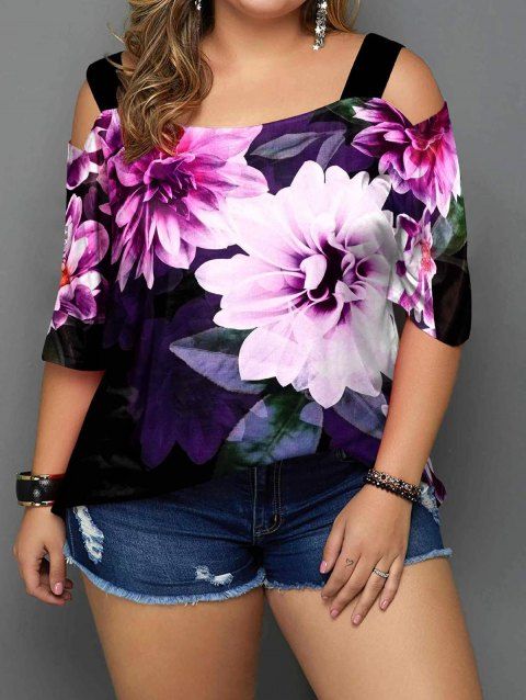 T-shirt à Bretelle Elastique Fleuri Imprimé Epaule Dénudée de Grande Taille à Manches Courtes