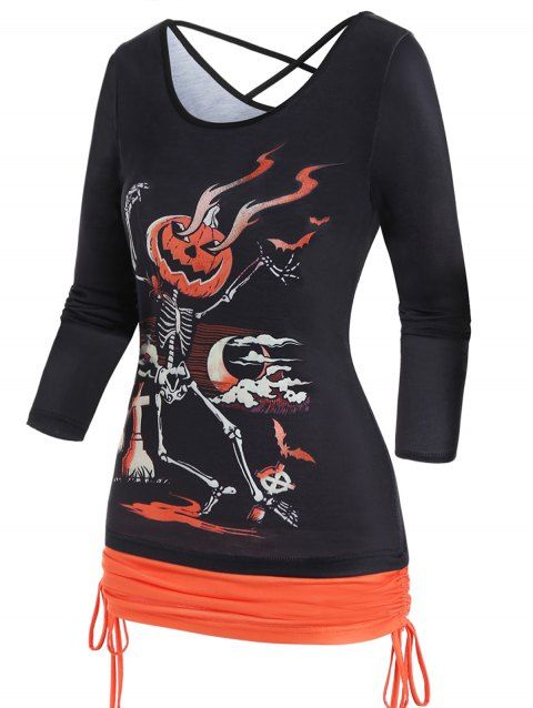 T-shirt D'Halloween Squelette et Citrouille Croisé en Blocs de Couleurs Faux Deux Pièces
