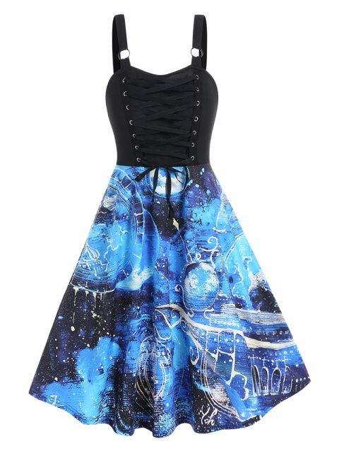 Galaxy Print Combo Dress Lace Up O Ring A Line Dress Sleeveless Backless Dress