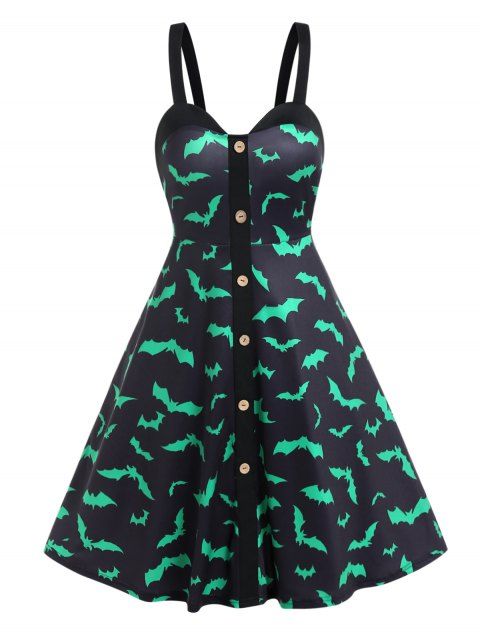 Halloween Dress Bat Print Mock Button Sleeveless Gothic Dress A Line Mini Dress
