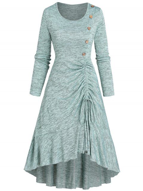 Space Dye Dress Midi Dress Mock Button Cinched Flounce Long Sleeve High Low Dress