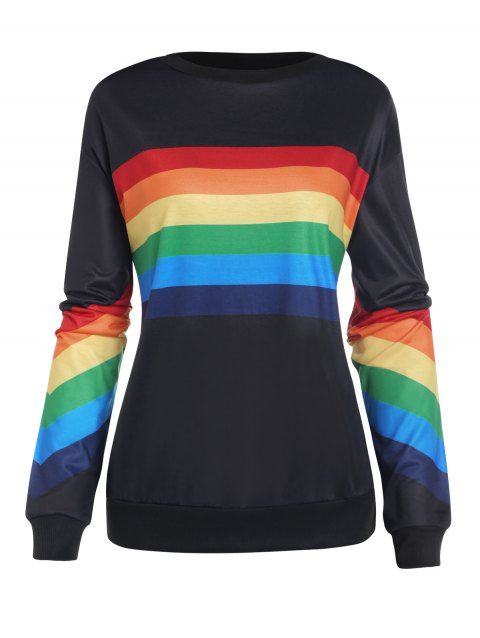 Rainbow Print Sweatshirt Drop Shoulder Crew Neck Long Sleeve Sweatshirt