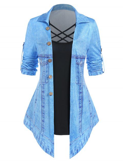 3D Print Faux Twinset T Shirt Faux Denim Pointed Hem Crisscross Mock Button Twofer Tee