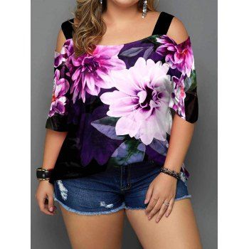 

Plus Size & Curve T Shirt Flower Print Cold Shoulder T-shirt Elastic Straps Short Sleeve Tee, Light pink