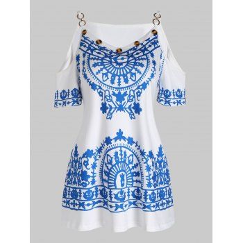 

Bohemian T Shirt Printed Cold Shoulder T Shirt Mock Button O Ring Casual Tee, Blue