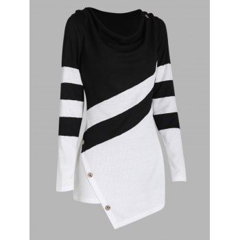 

Two Tone Asymmetric Pointed Hem T Shirt Textured Mock Button Long Sleeve Tee, Black