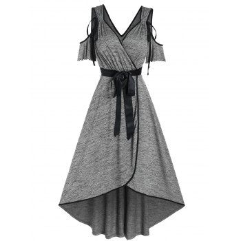 Space Dye Print Dress Cold Shoulder Surplice Dress Cinched Overlap Bowknot Contrasting Trim Summer A Line Dress