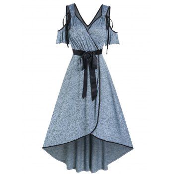 

Space Dye Print Dress Cold Shoulder Surplice Dress Cinched Overlap Bowknot Contrasting Trim Summer A Line Dress, Light blue