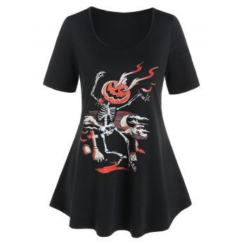 

Halloween T Shirt Pumpkin Skeleton Print Short Sleeve Round Neck Gothic Tee, Black