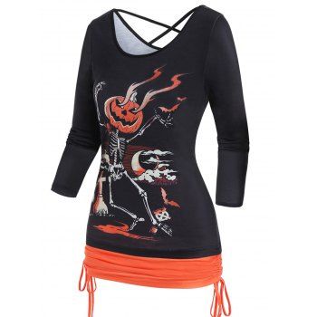 

Contrast Colorblock Faux Twinset T Shirt Pumpkin Skeleton Print Cinched Ruched Crisscross Halloween Tee, Black