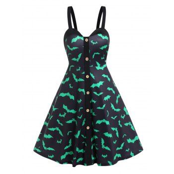 

Halloween Dress Bat Print Mock Button Sleeveless Gothic Dress A Line Mini Dress, Black