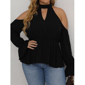 

Plus Size Blouse Solid Color Keyhole Cold Shoulder Tied Back Poet Sleeve Blouse, Black