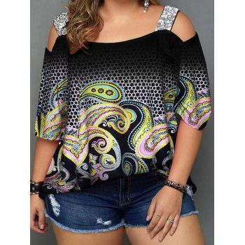 

Plus Size & Curve Floral Paisley Print T Shirt Cold Shoulder Sequins Short Sleeve Tee, Black