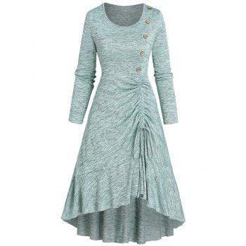 Space Dye Dress Midi Dress Mock Button Cinched Flounce Long Sleeve High Low Dress