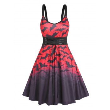 

Gothic Dress Ombre Bat Print Dress Lace Up Sleeveless High Waisted A Line Mini Dress, Black