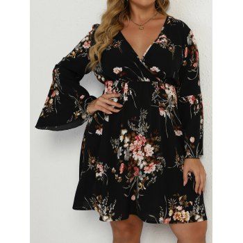 

Plus Size & Curve Dress Flower Print Dress Surplice High Waist A Line Mini Dress, Black