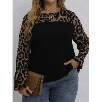 

Plus Size & Curve Blouse Leopard Print Blouse Long Sleeve Casual Blouse, Black