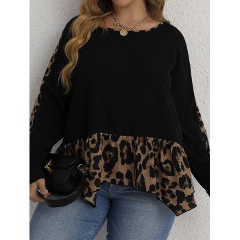 

Plus Size & Curve Blouse Leopard Print Asymmetric Blouse Raglan Sleeve Blouse, Black