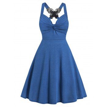 

Ruched Twisted A Line Dress Butterfly Lace Insert Cross Open Back Dress, Deep blue