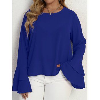 

Plus Size Blouse Layered Bell Sleeve Blouse Pure Color Long Sleeve Curve Blouse, Blue