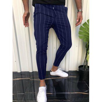 

Zipper Fly Pants Long Pants Striped Print Pockets Casual Pants, Deep blue
