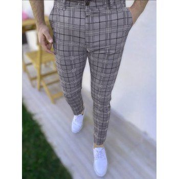 

Plaid Print Pants Pockets Zipper Fly Pants Long Casual Pants, Gray