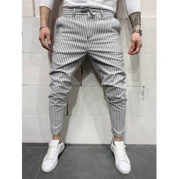 

Striped Print Pants Zipper Fly Pockets Long Casual Pants, Black