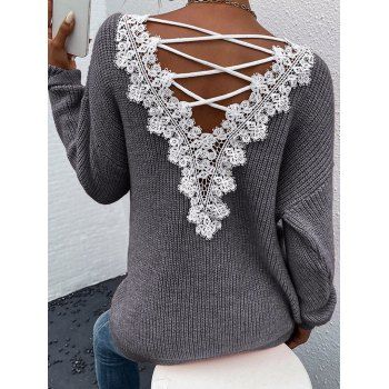 

Textured Sweater Crisscross Lace Panel Back V Neck Colorblock Long Sleeve Sweater, Dark gray