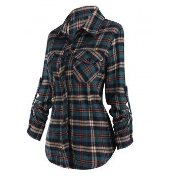 

Plaid Print Shirt Long Sleeve Pocket Patches Button Up Casual Shirt, Deep green