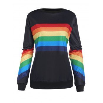 

Rainbow Print Sweatshirt Drop Shoulder Crew Neck Long Sleeve Sweatshirt, Black