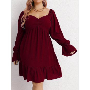Plus Size Dress Ruched Flounce Poet Sleeve Empire Waist Solid Color A Line Mini Dress