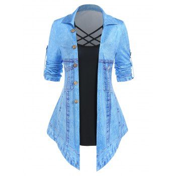 

3D Print Faux Twinset T Shirt Faux Denim Pointed Hem Crisscross Mock Button Twofer Tee, Light blue