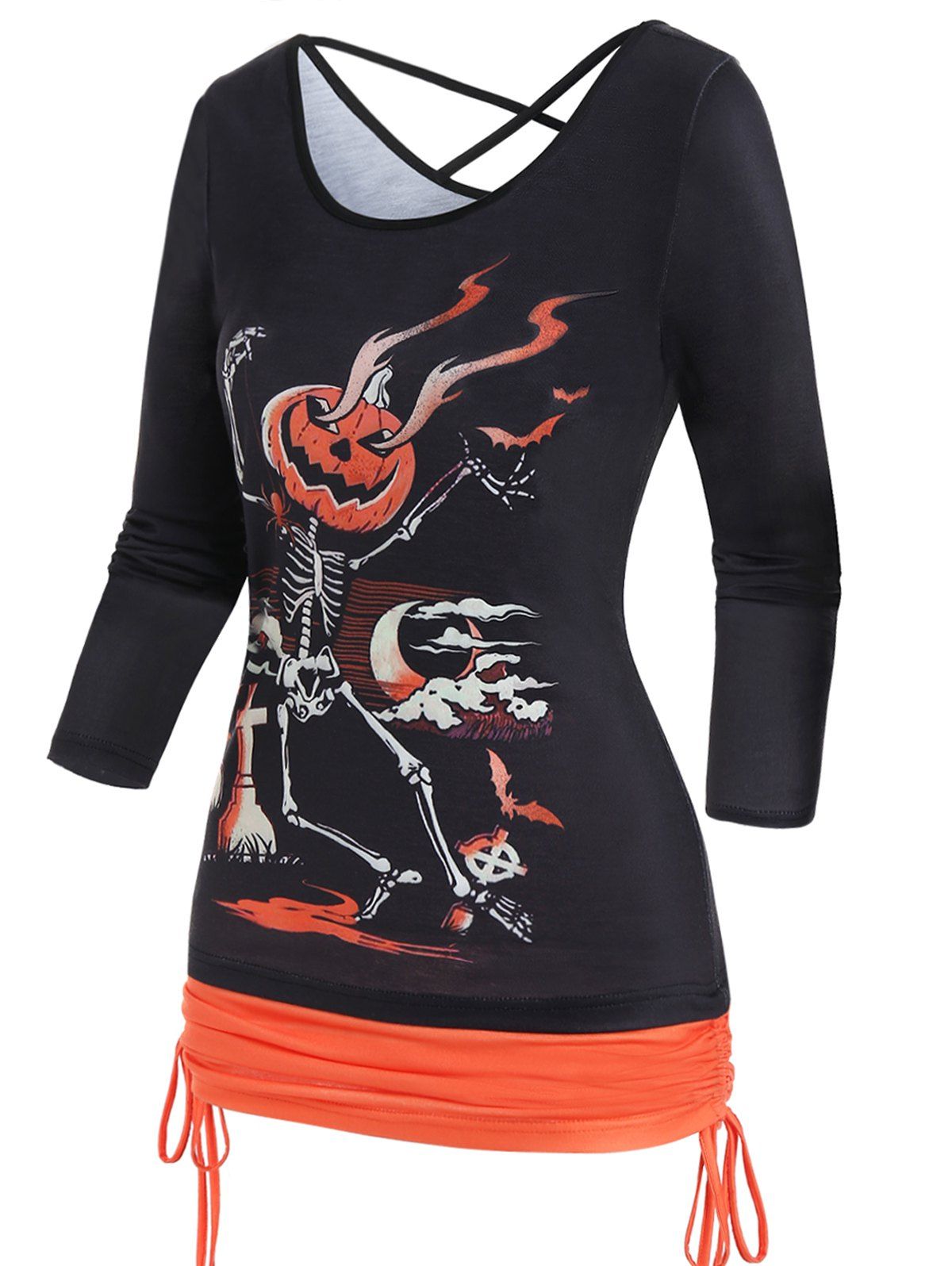T-shirt D'Halloween Squelette et Citrouille Croisé en Blocs de Couleurs Fausse Deux Pièces - Noir XL