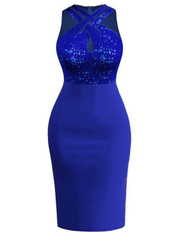 Sparkly Sequins Party Dress Back Slit Crossover Neck Bodycon Dress - BLUE XXL