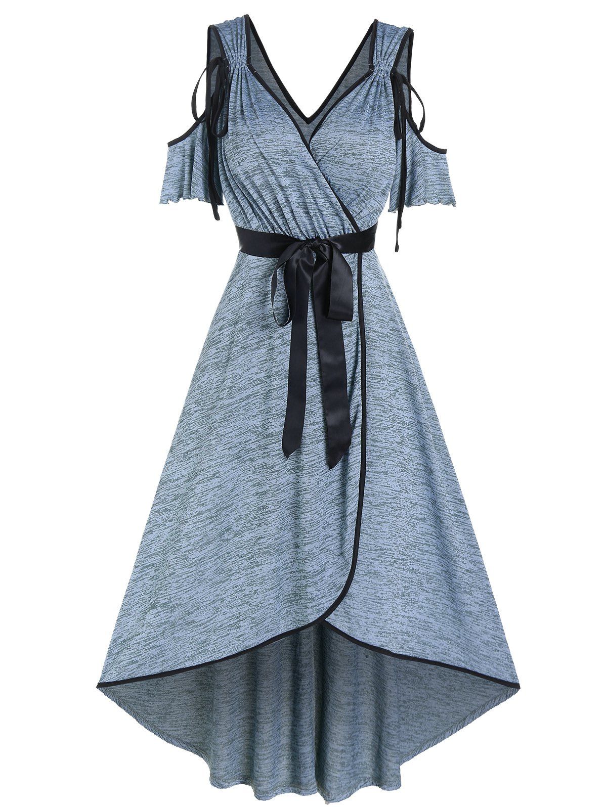Robe D'Eté Superposée Chinée Nouée Epaule Dénudée à Ourlet Contrasté en Ligne A - Bleu clair M