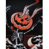 T-shirt D'Halloween Squelette et Citrouille Croisé en Blocs de Couleurs Fausse Deux Pièces - Noir M