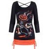 T-shirt D'Halloween Squelette et Citrouille Croisé en Blocs de Couleurs Fausse Deux Pièces - Noir XL